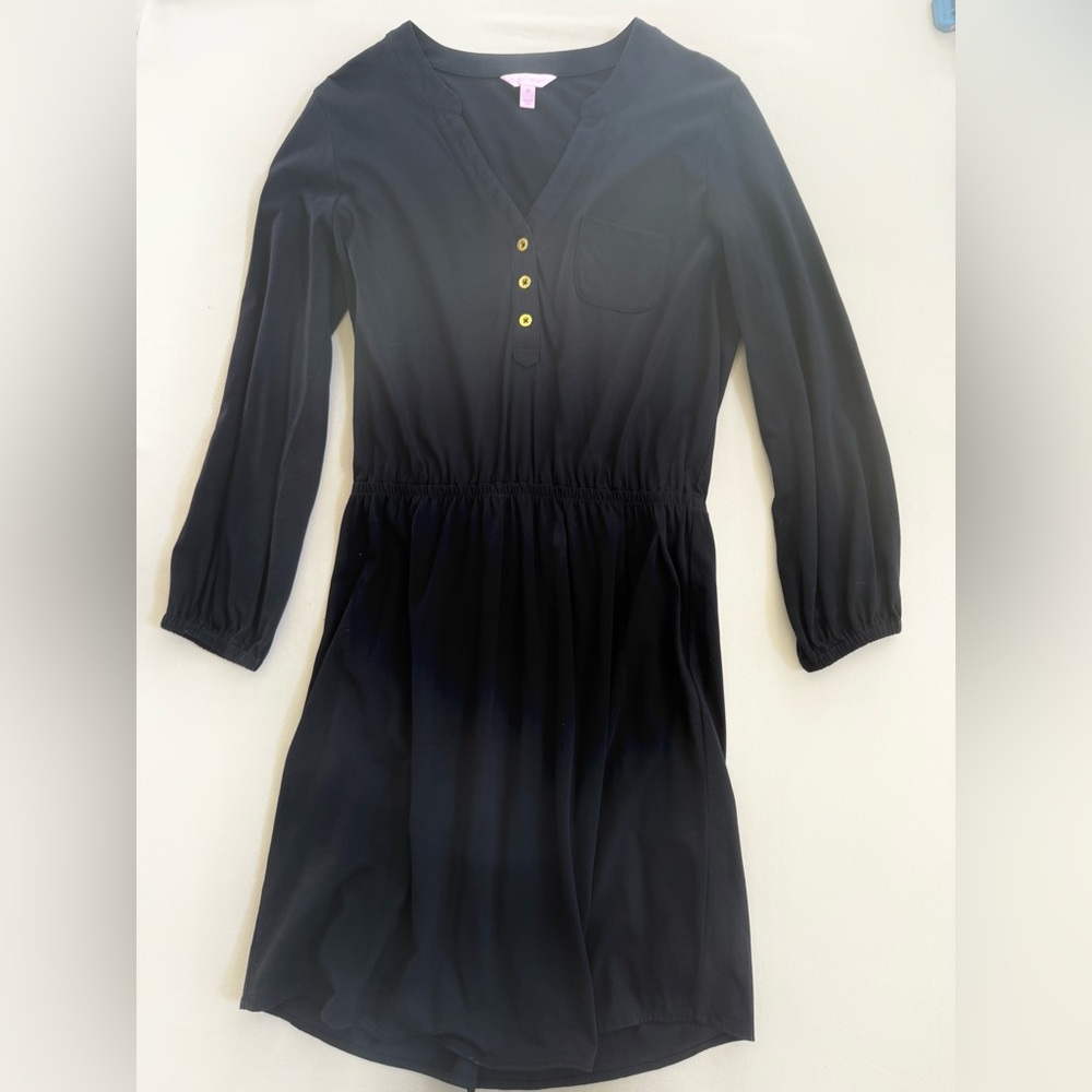 Lilly Pulitzer Black V Neck long sleeve Dress gold buttons